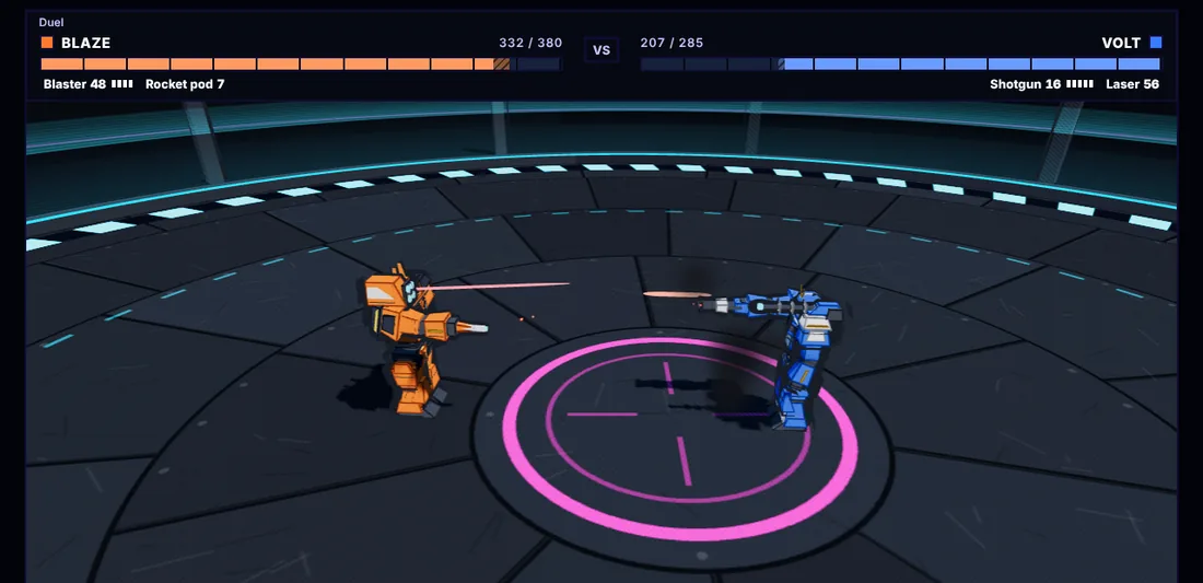 A duel in the arena: an orange Brawler and a blue Interceptor trading fire
